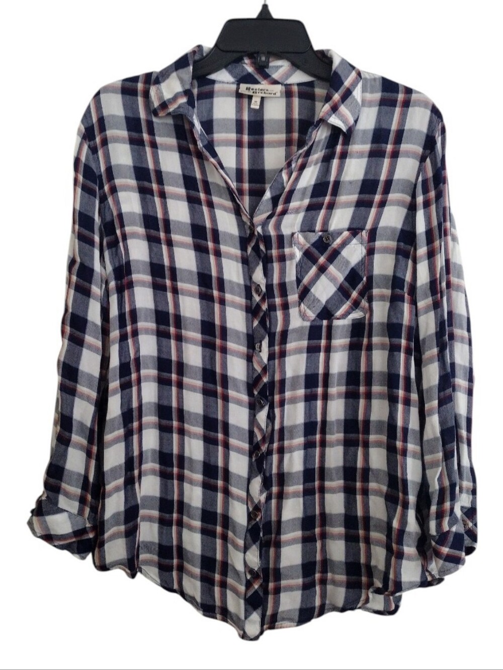 Hester & Orchard Anthropologie Plaid Rayon Button-Up Shirt Navy White Red Medium
